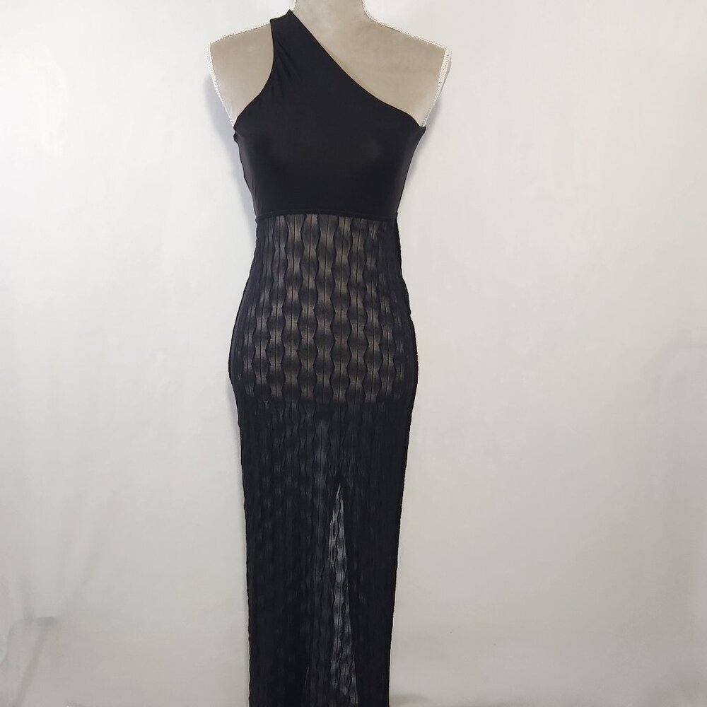 Misty Rose Women's Size Medium Black One Shoulder Sheer Lace Slit Slip Dress